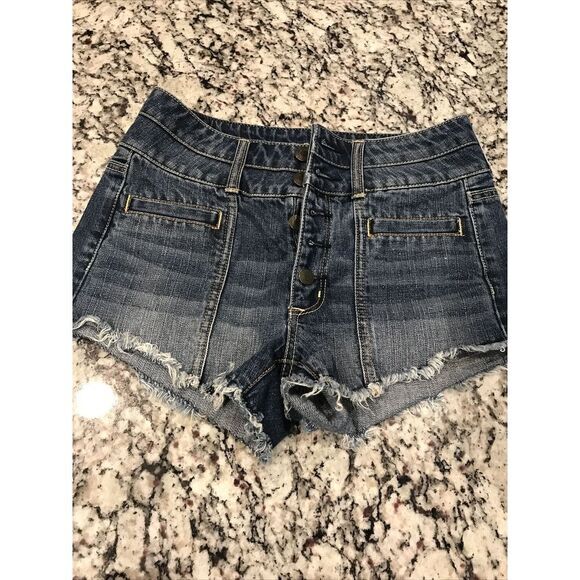 American Eagle Jean Shorts Women sz 4 High Rise Shortie Super Stretch Button Fly - Picture 1 of 10